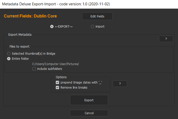 Adobe Bridge metadata export plugin screen